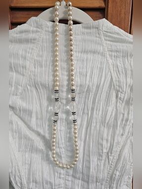 Vintage Faux Pearl Flapper Style Necklace | Clear Barrel Beads + Black Spacers